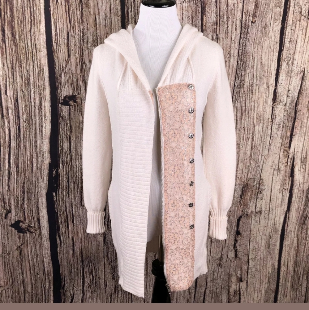 FREE PEOPLE LONG HOODED JKT METALLIC LACE ACCENTS